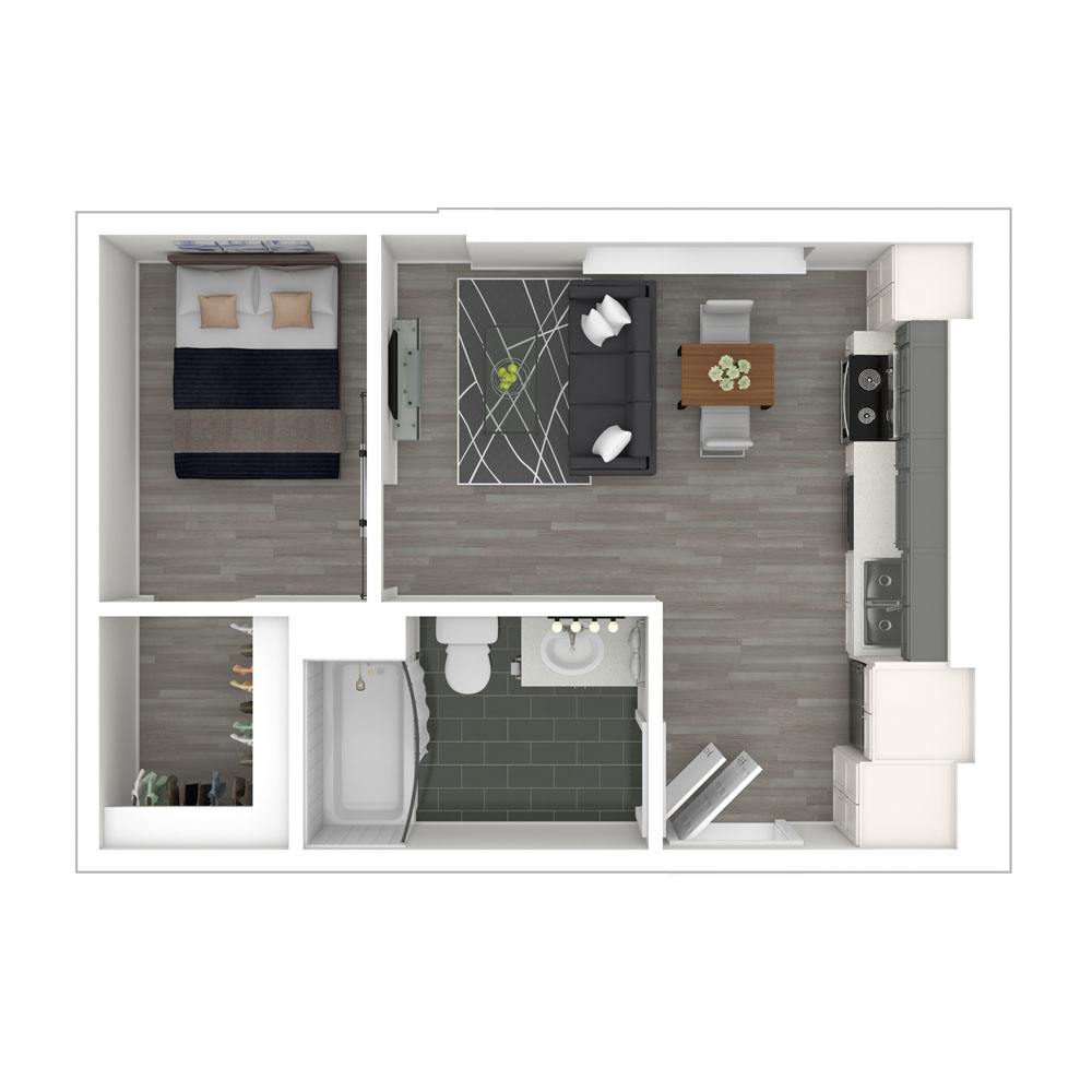 Rendering of the A1 floor plan with 1 bedroom[s] and 1 bathroom[s] at Box Board Lofts