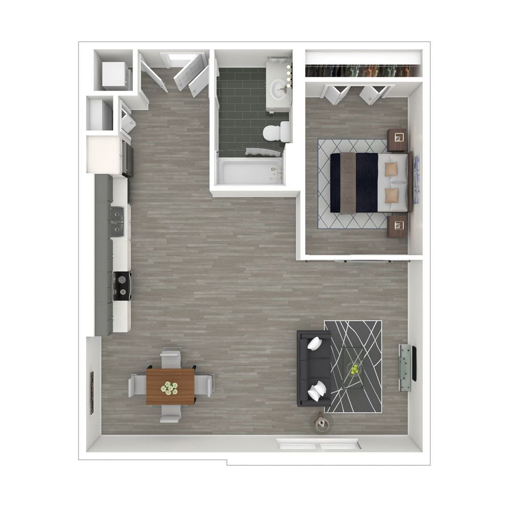 Rendering of the A17 floor plan with 1 bedroom[s] and 1 bathroom[s] at Box Board Lofts
