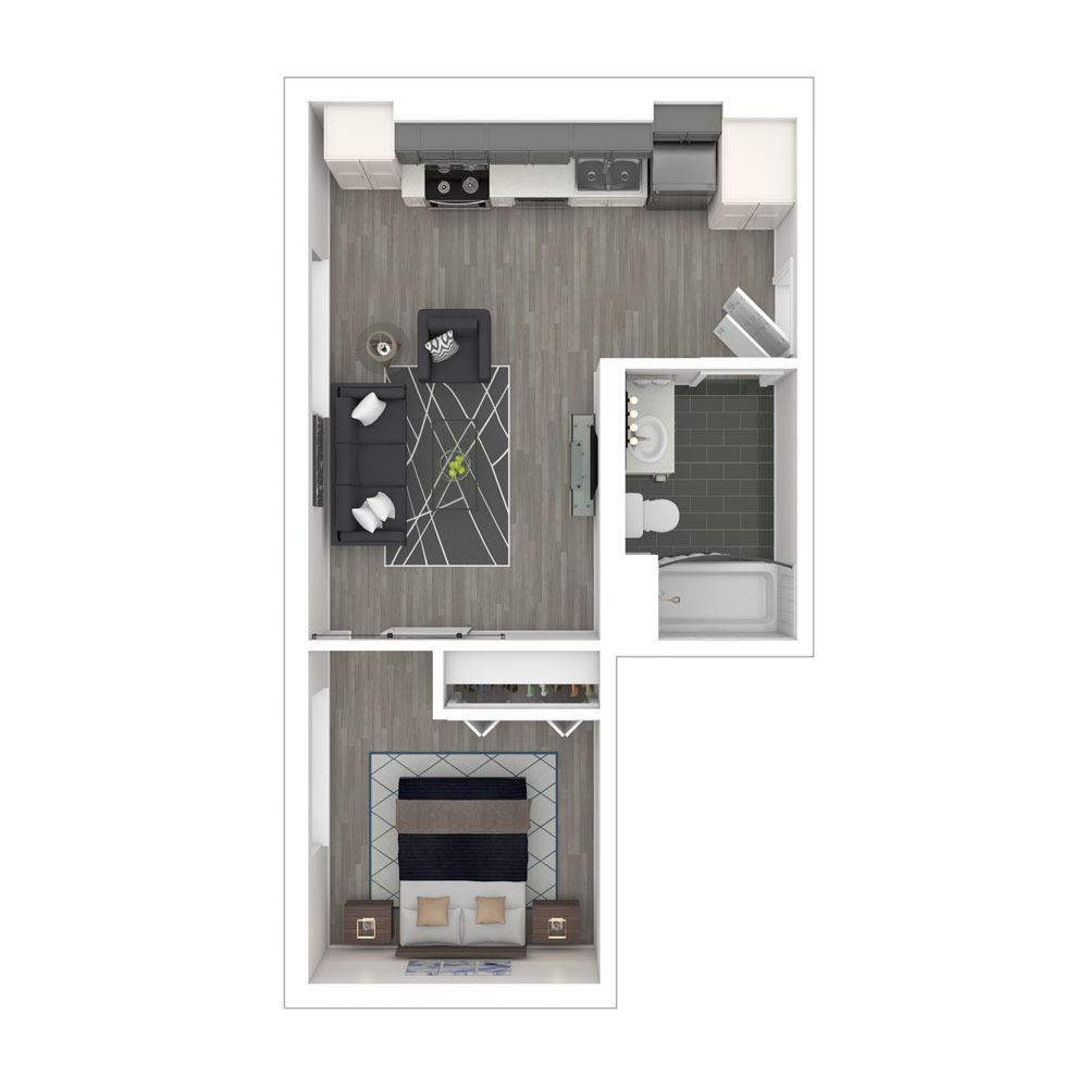 Rendering of the A3 floor plan with 1 bedroom[s] and 1 bathroom[s] at Box Board Lofts