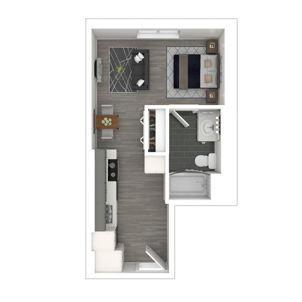 Rendering of the S2 floor plan with a Studio bedroom and 1 bathroom[s] at Box Board Lofts