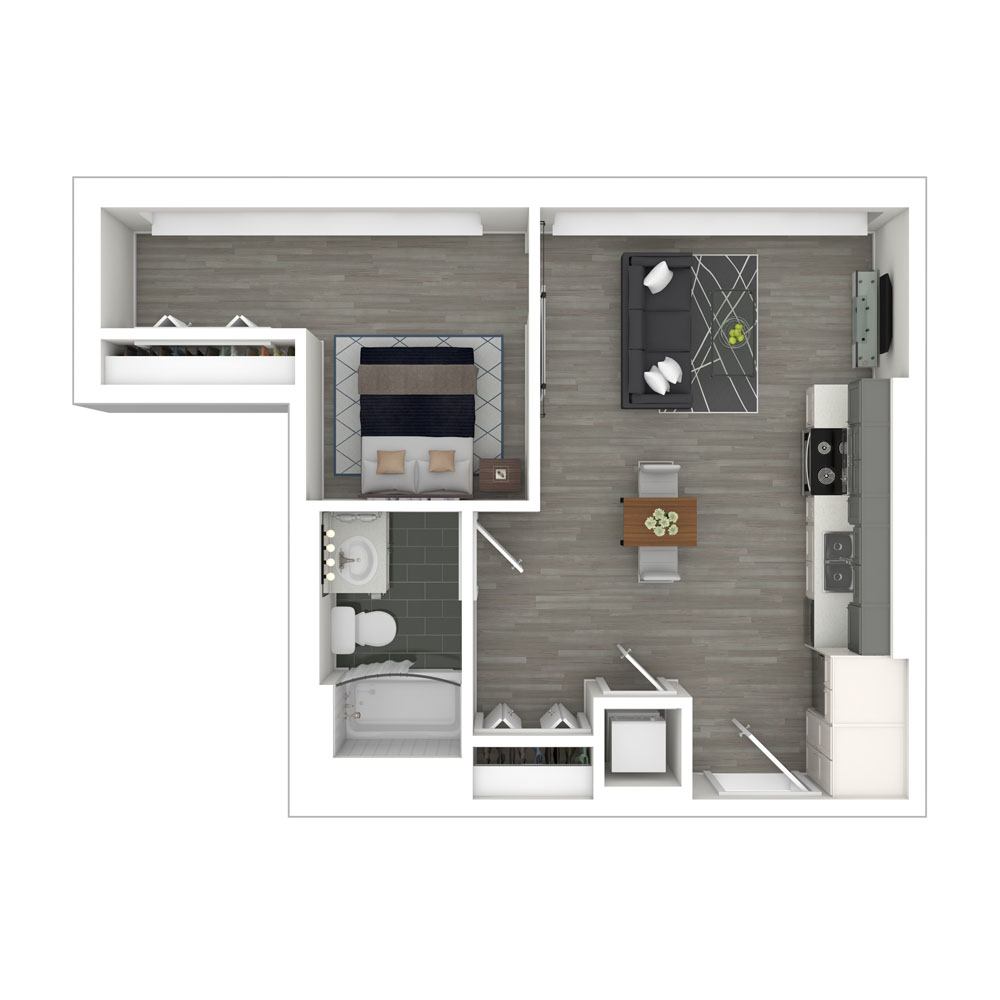 Rendering of the A11 floor plan with 1 bedroom[s] and 1 bathroom[s] at Box Board Lofts